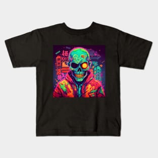 Korean Zombie man with skull in neon lights Kids T-Shirt